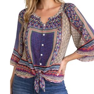 Figueroa & Flower Boho Peasant Blouse M Sheer Blue Green Aztec Tie Front